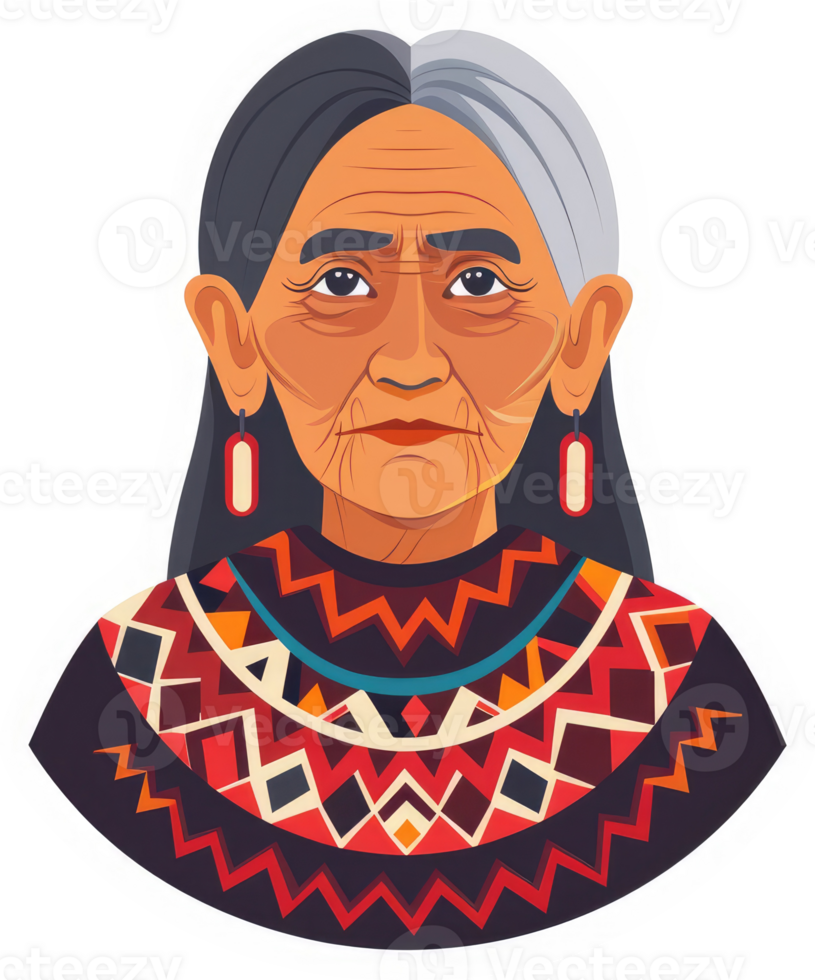 Portrait of an indigenous elder woman in traditional attire. png