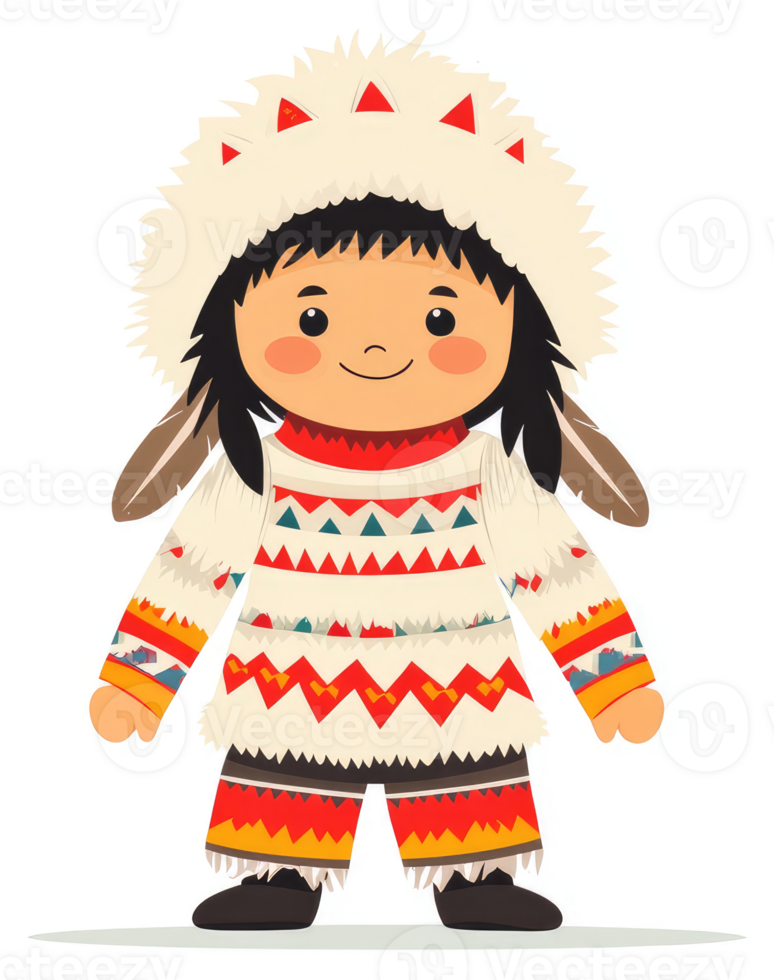 A cheerful cartoon depiction of a child in traditional native attire. png