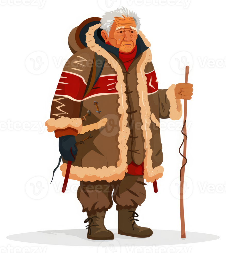 An elderly explorer in a warm, thick winter coat, trekking through harsh terrain. png
