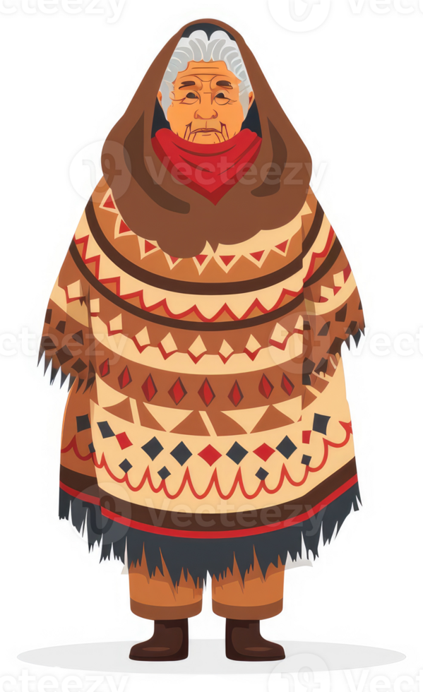 Elderly indigenous woman in traditional poncho. png