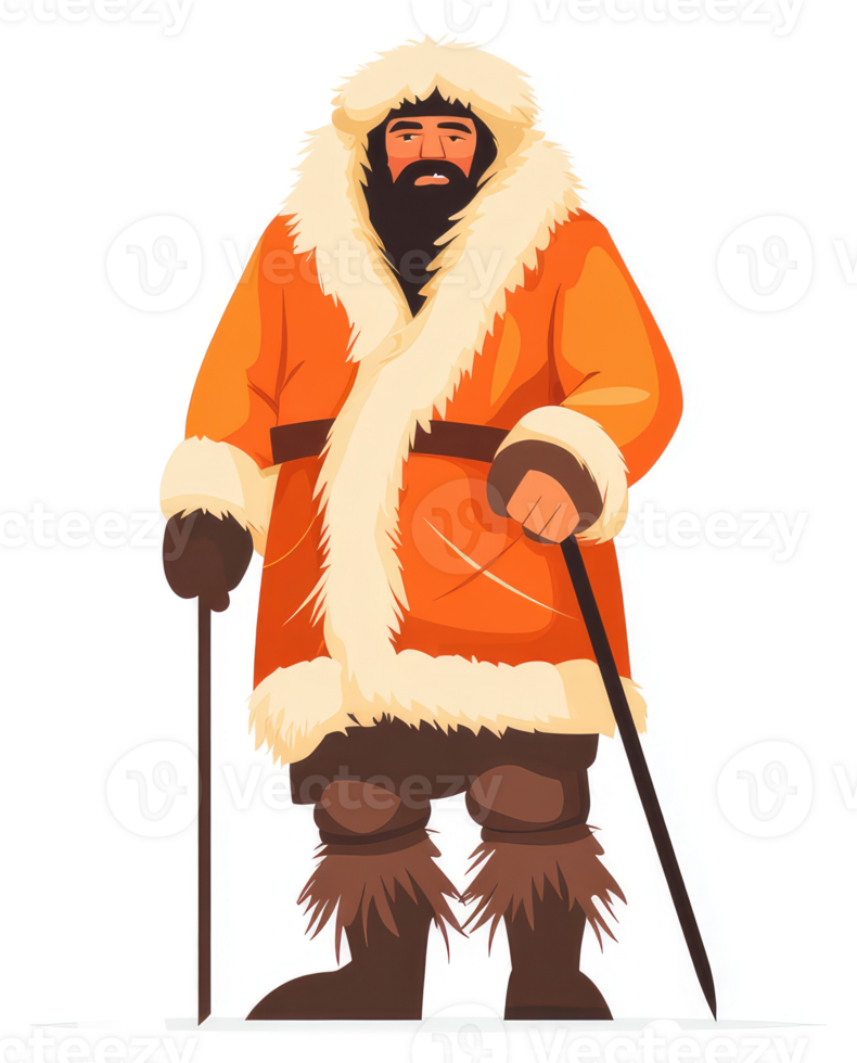 A stout explorer in a vibrant orange arctic outfit. png