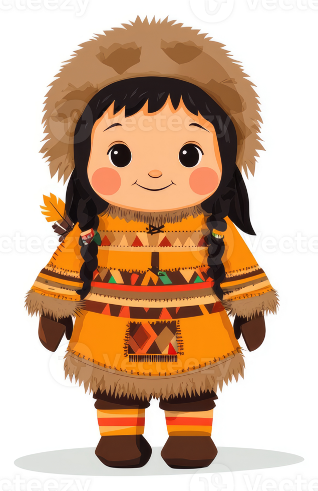 A cartoon depiction of an indigenous girl in traditional arctic clothing. png
