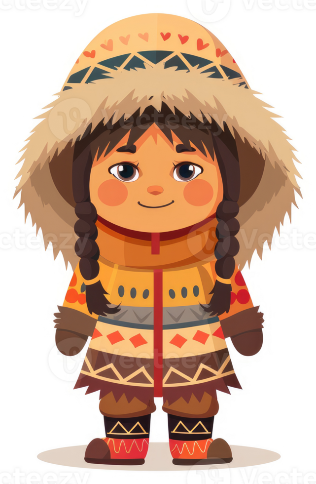 A cheerful cartoon depiction of an indigenous child in traditional arctic clothing. png