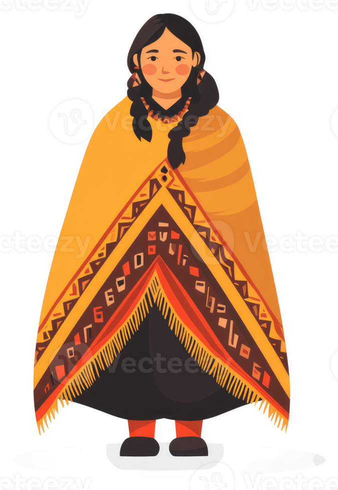 A woman in traditional indigenous attire, adorned with a vibrant patterned poncho. png