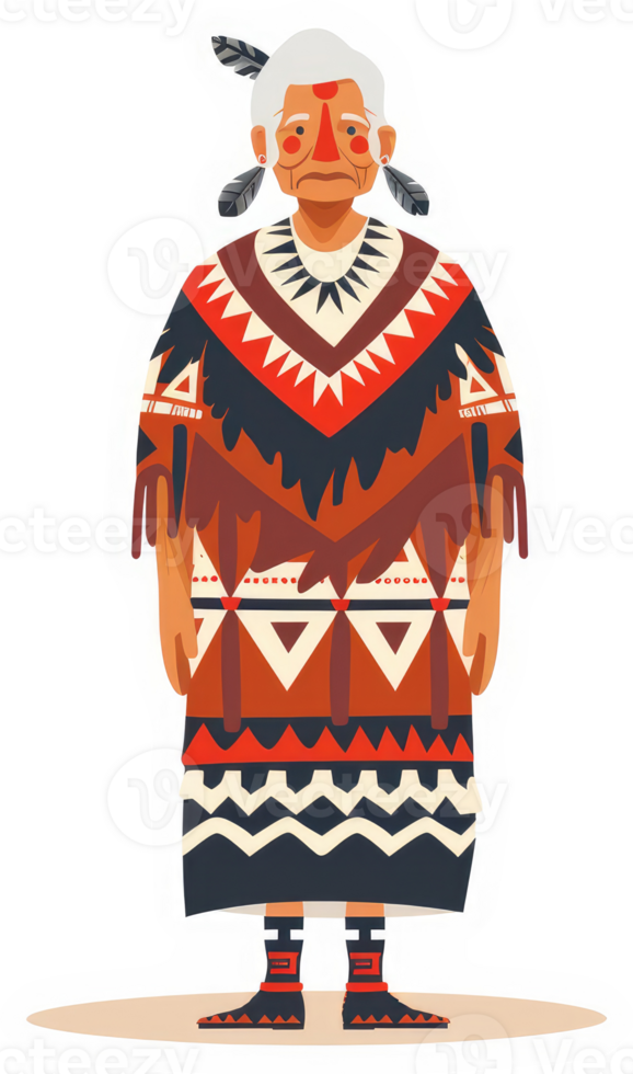 A stylized illustration of an elder in traditional Native American attire. png
