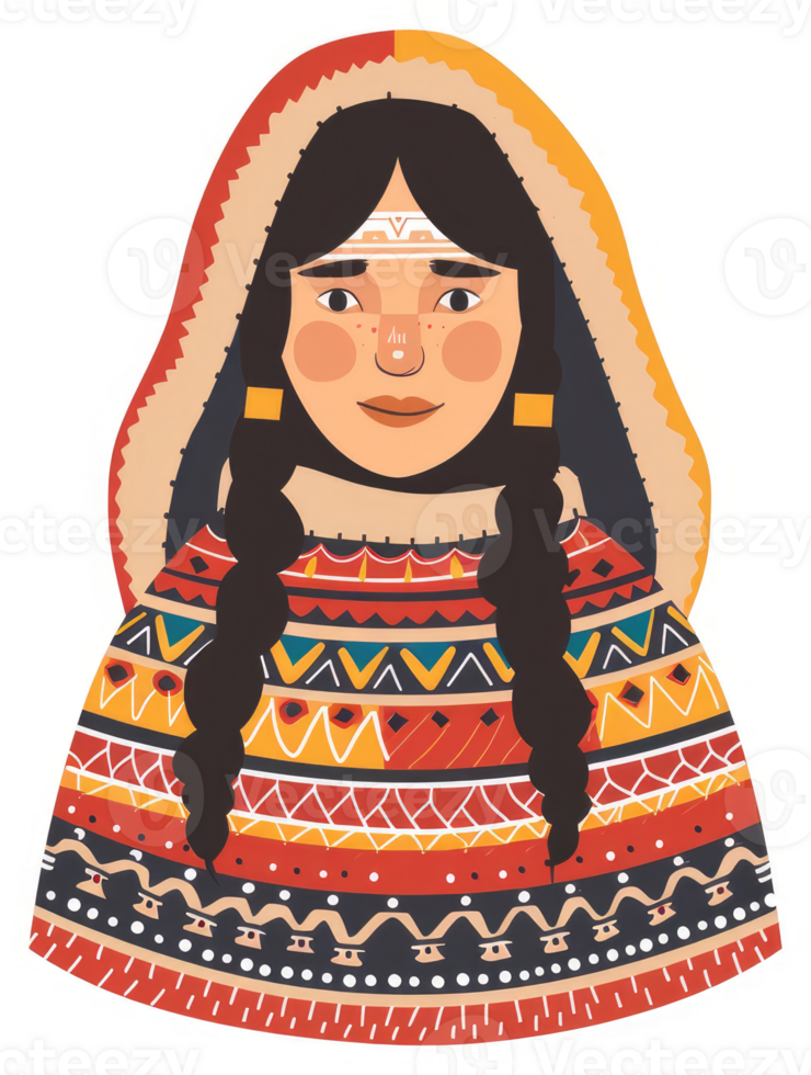A stylized illustration of a woman in traditional indigenous attire. png