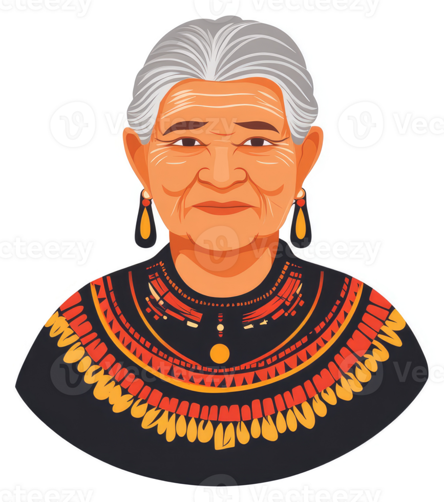 Portrait of an elderly woman in traditional indigenous attire. png