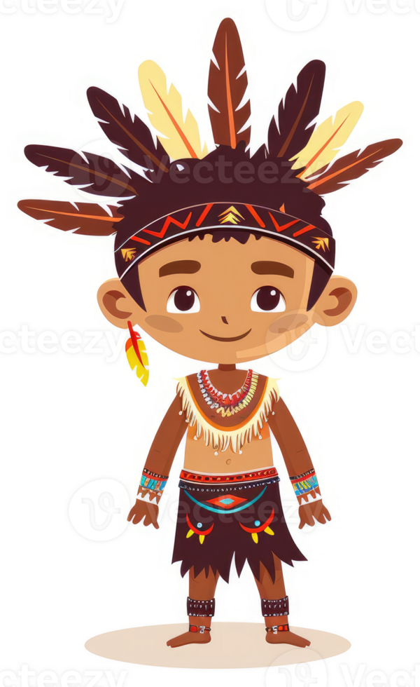 A cheerful indigenous child adorned in traditional tribal attire. png