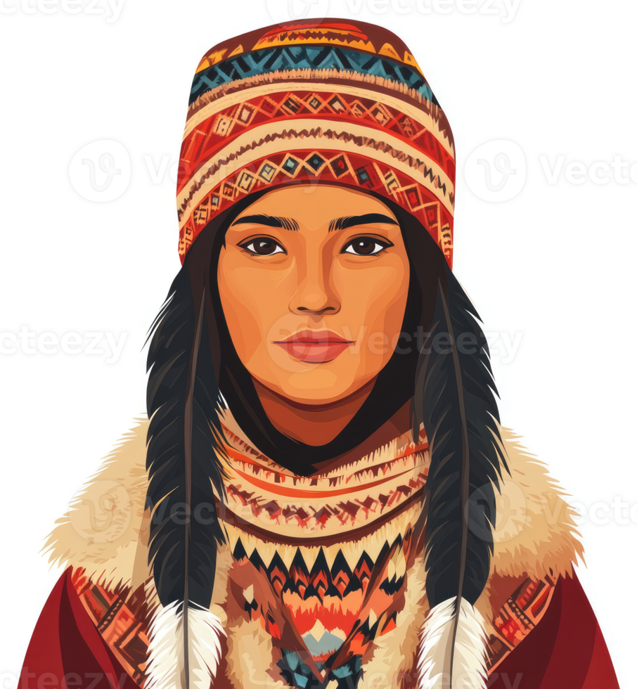 A woman in traditional indigenous attire with intricate patterns and feathers. png