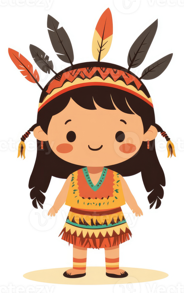 A cute cartoon native american girl in traditional attire. png