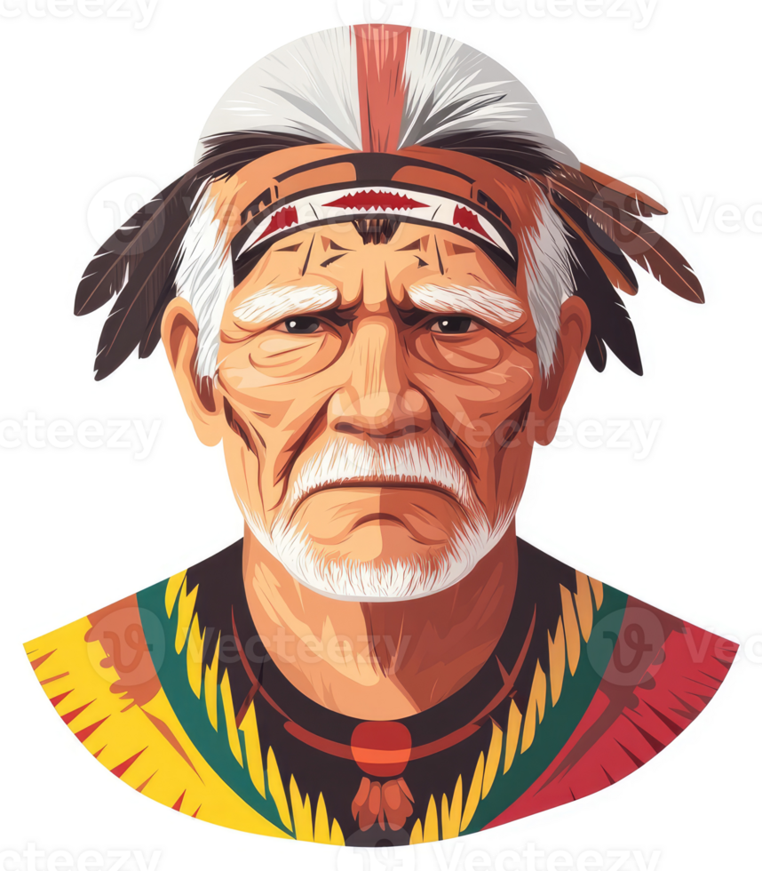 A stylized portrait of a wise native american elder. png