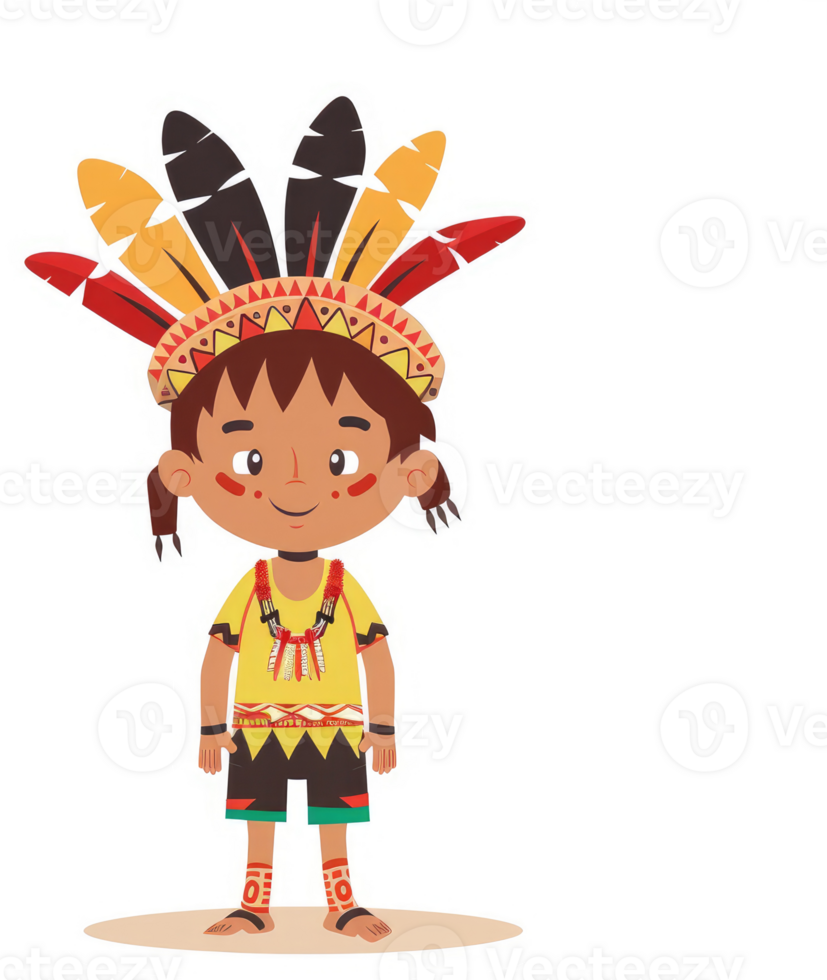 A young person in traditional indigenous attire, adorned with colorful feathers and ornaments. png