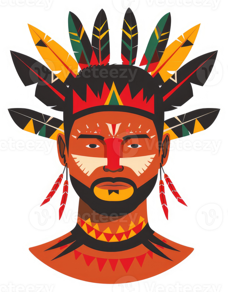 A stylized portrait of a tribal man adorned with vibrant feathers and face paint. png