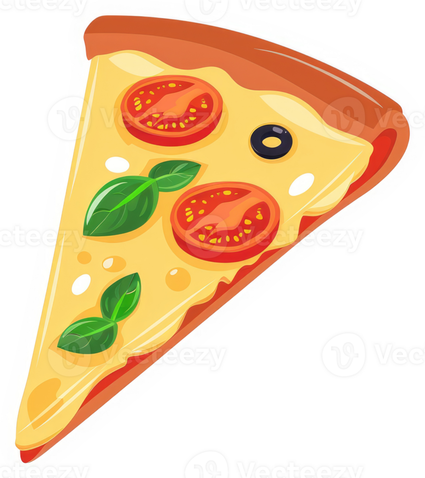 A delicious slice of pizza topped with tomatoes, olives, and basil. png