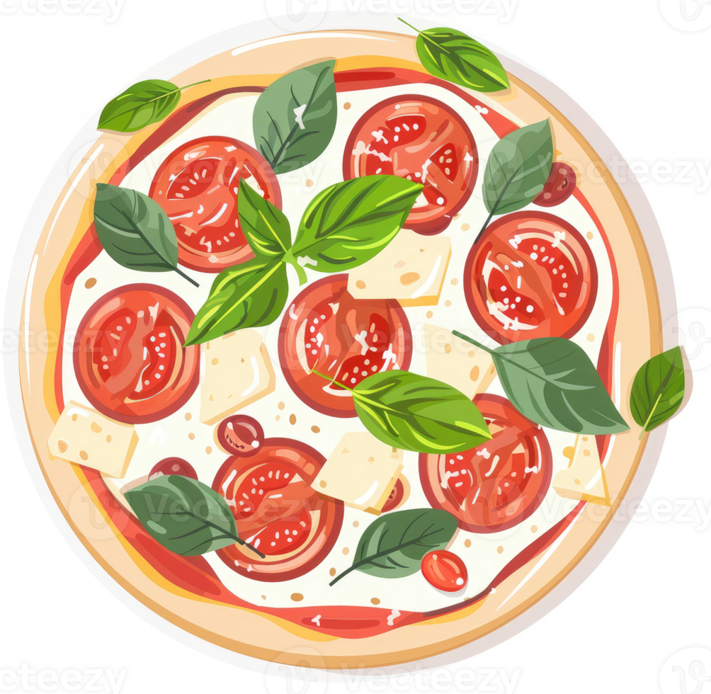 A colorful illustration of a delicious margherita pizza. png
