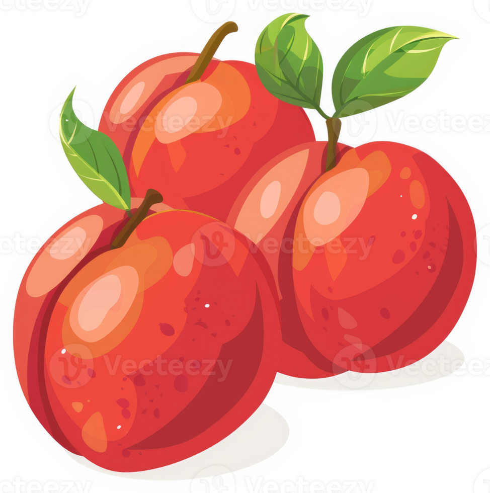 A cluster of three vibrant red plums with leaves. png