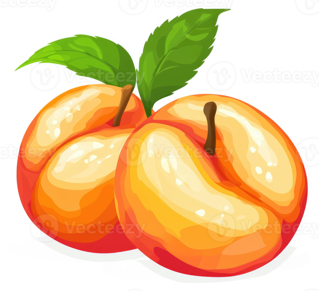 Two vibrant peaches with lush green leaves. png