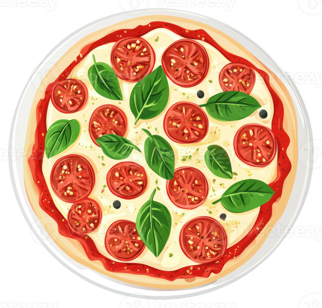 A delicious pizza topped with fresh tomatoes, basil, and mozzarella cheese. png