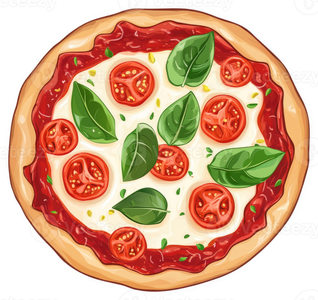 A delicious illustration of a Margherita pizza with fresh basil and cherry tomatoes. png