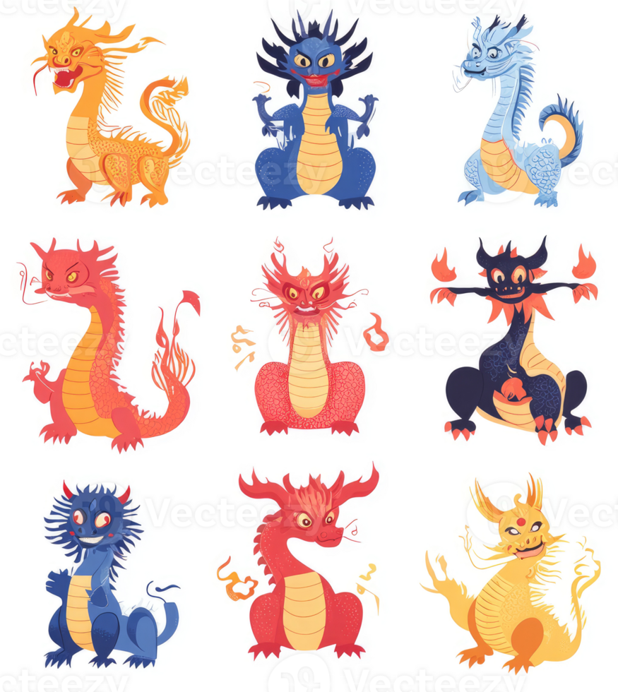 Nine colorful, stylized dragons in various poses. png