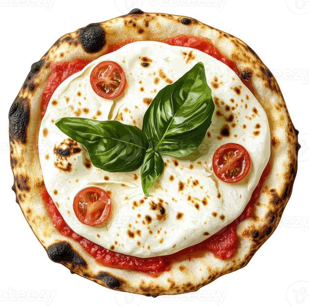 A delicious, artisanal pizza topped with fresh mozzarella, cherry tomatoes, and basil. png