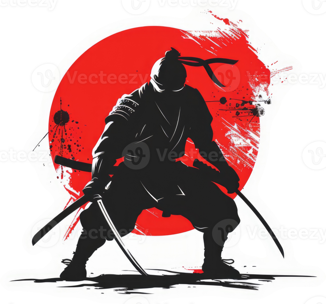 A powerful silhouette of a ninja warrior against a red sunburst. png