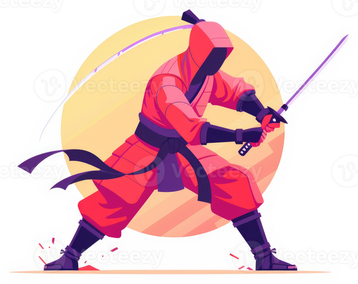 A dynamic illustration of a ninja in action, wielding a katana. png