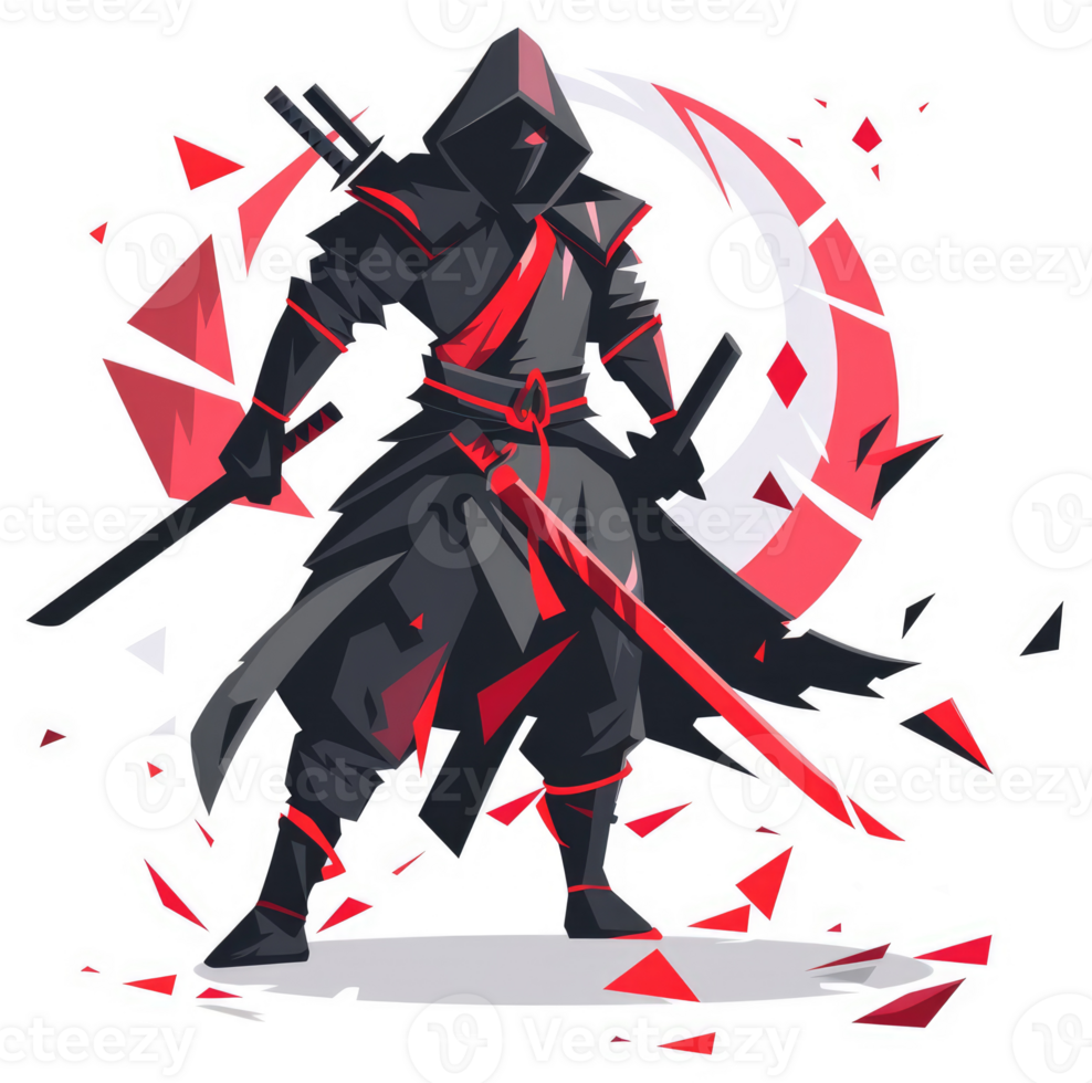 A fierce, hooded ninja warrior, wielding dual katana swords, amidst a dynamic, geometric explosion of red and black. png