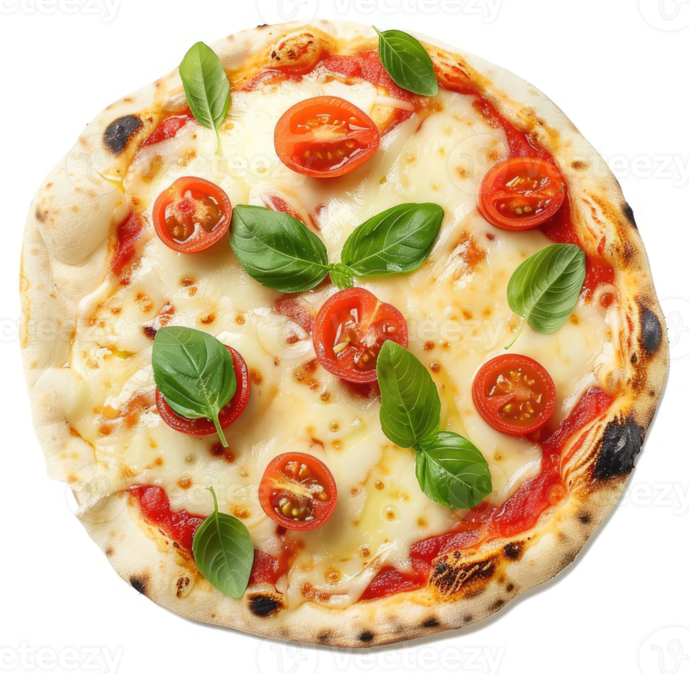 A delectable round pizza topped with fresh basil leaves, cherry tomatoes, and melted mozzarella cheese. png