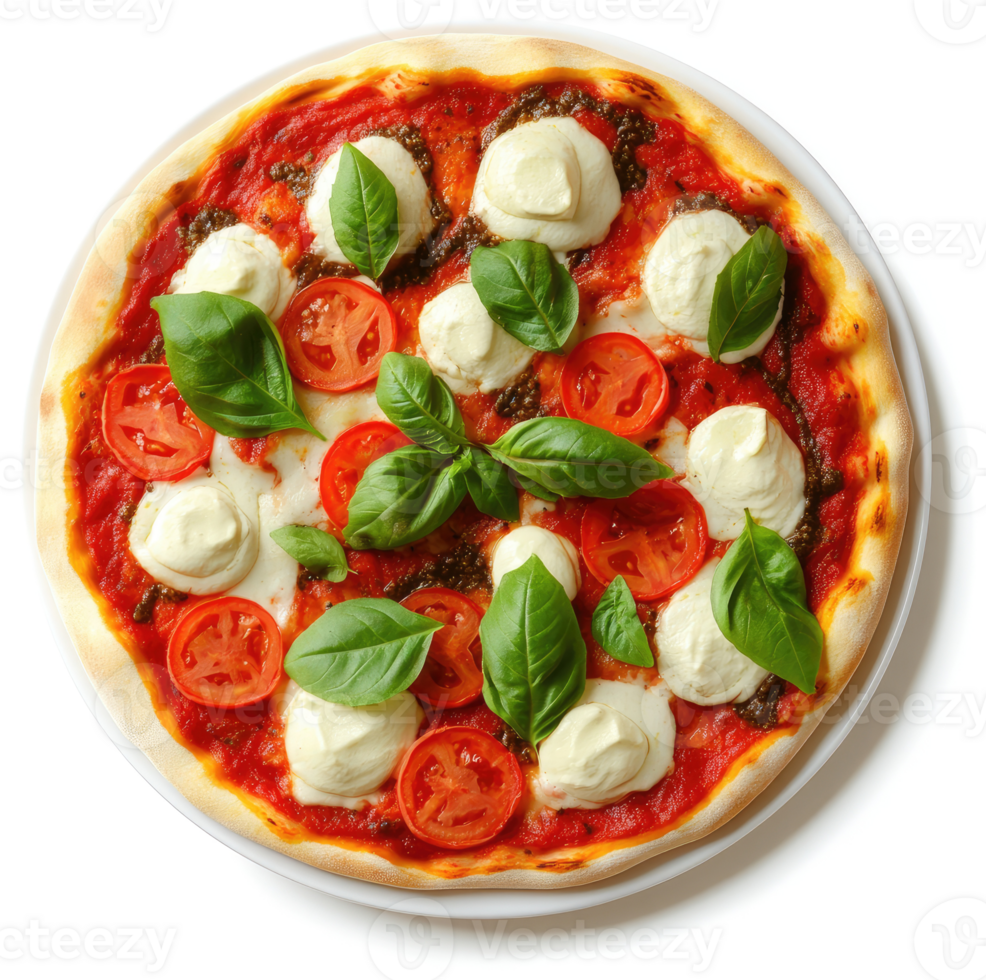 A delicious pizza topped with fresh basil, mozzarella, and cherry tomatoes. png
