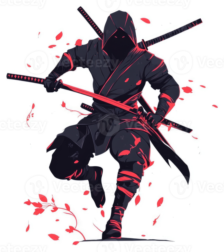 A dynamic ninja in action, wielding dual katana. png