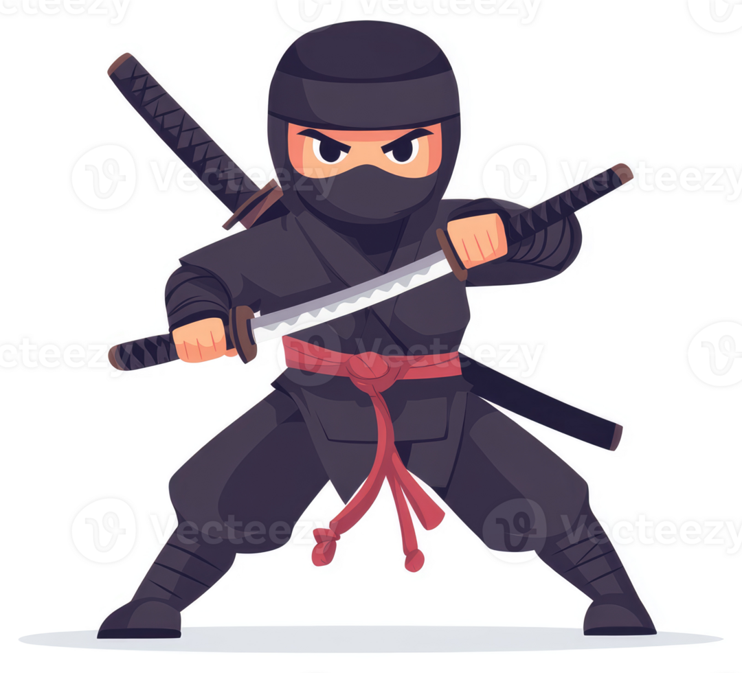 A cartoon ninja in a dynamic fighting stance with swords. png