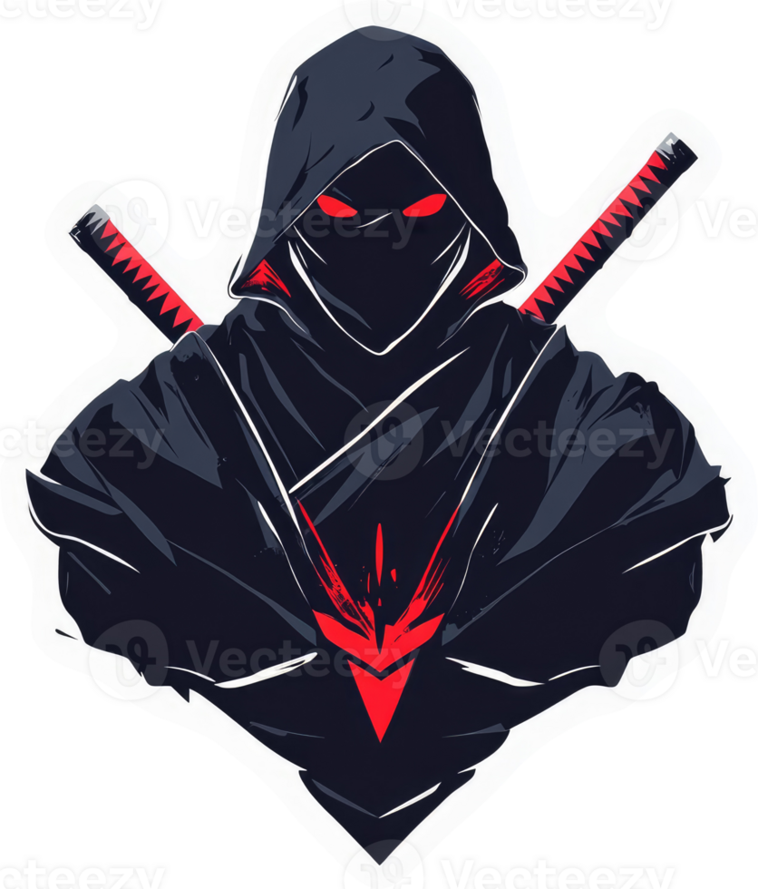 A menacing ninja with glowing red eyes and katana. png