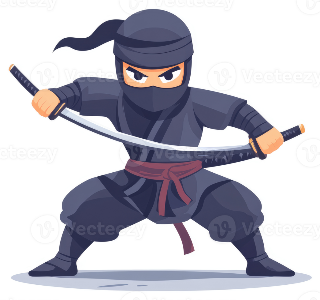 A cartoon ninja warrior wielding two swords in a dynamic stance. png