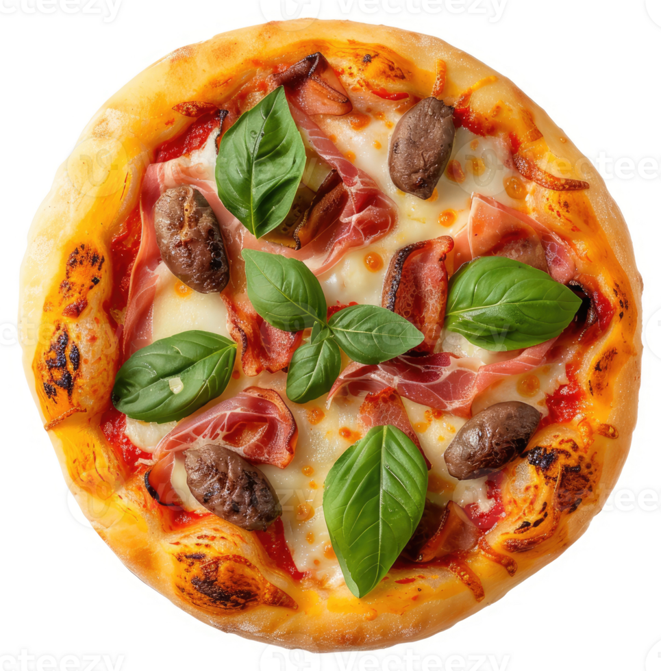 A delicious round pizza topped with prosciutto, bacon, mushrooms, and basil. png