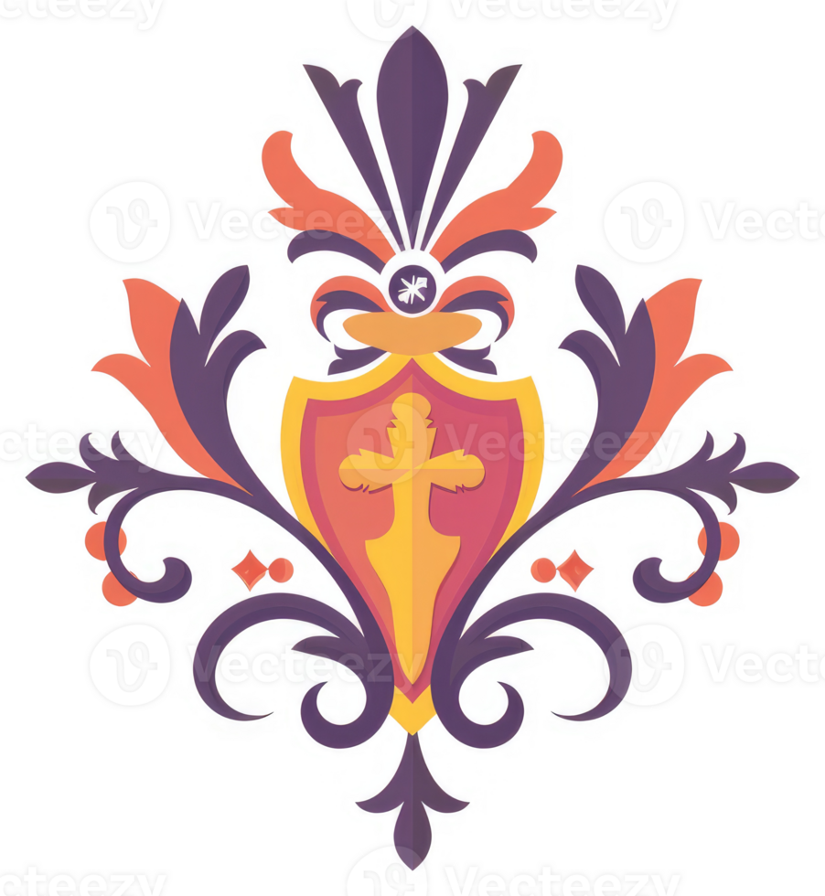 Ornate decorative design with a shield and stylized floral motifs. png