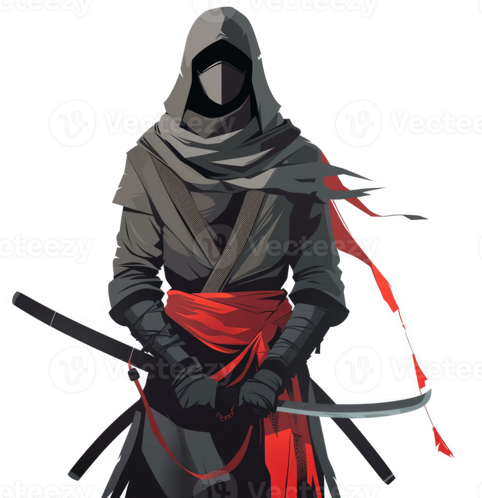 A masked ninja warrior in traditional attire, holding katana swords. png