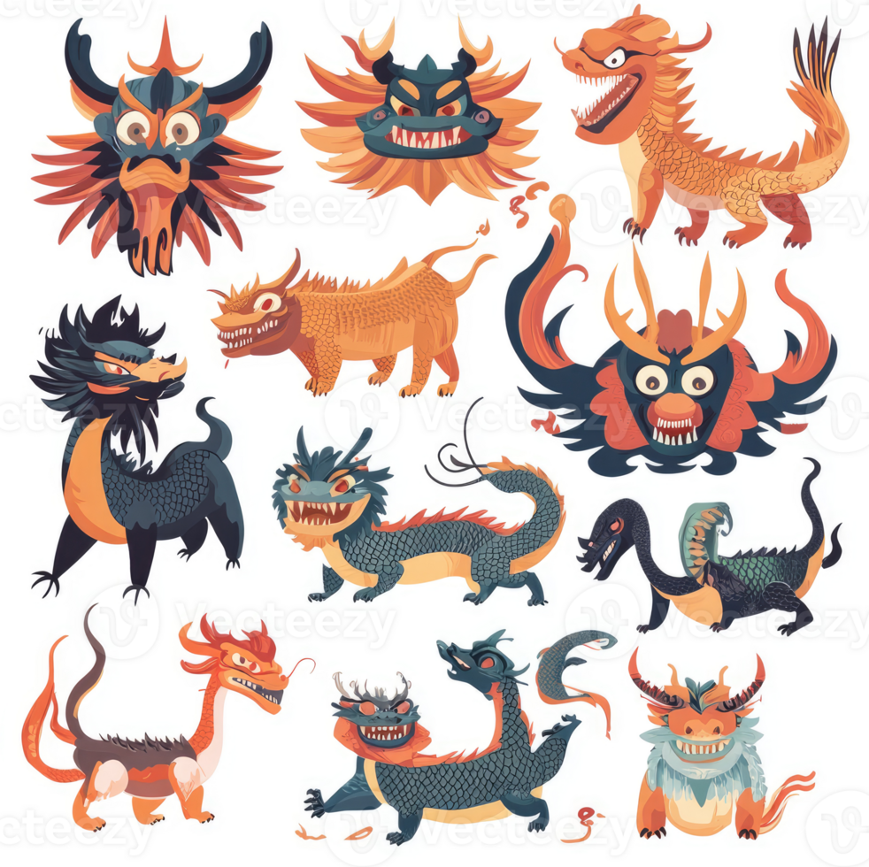 Diverse collection of stylized asian dragons and mythical creatures. png