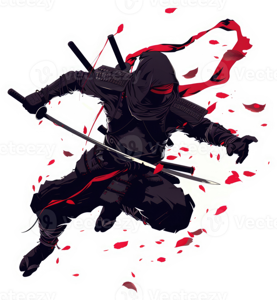 A ninja in mid-air combat, wielding swords, and surrounded by falling petals. png