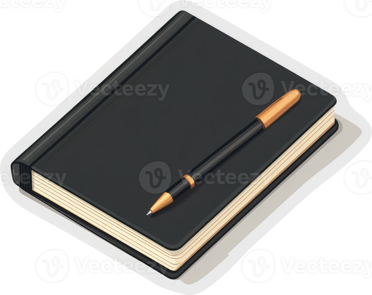 A black notebook with a gold pen resting beside it. png