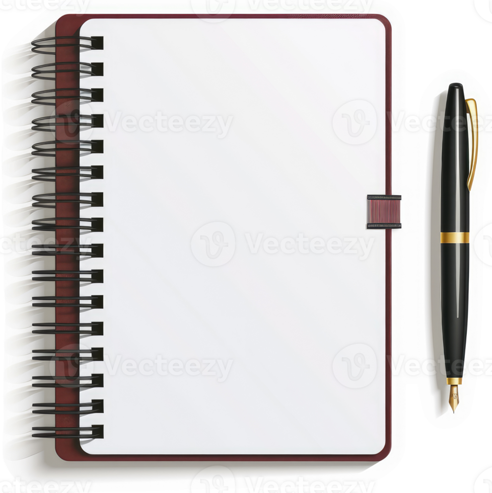 A burgundy spiral-bound notebook with a black pen beside it. png