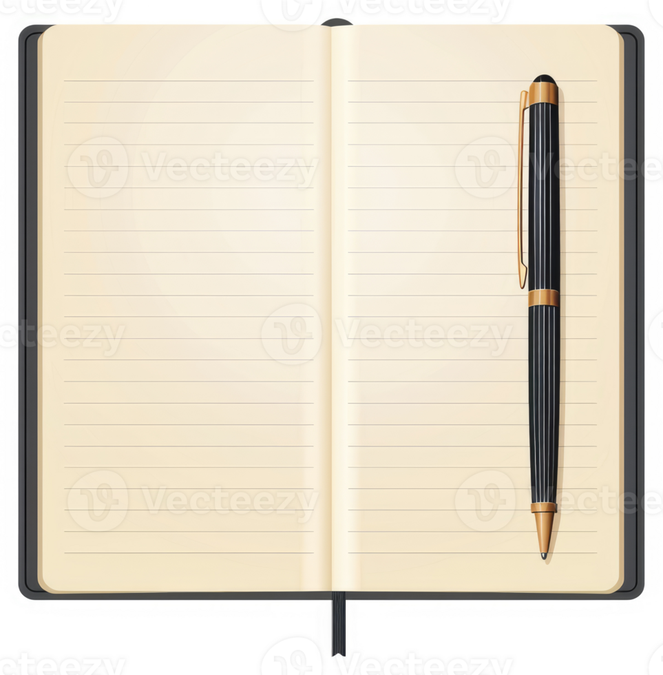 A black lined notebook with a gold pen resting on top of the open pages. png