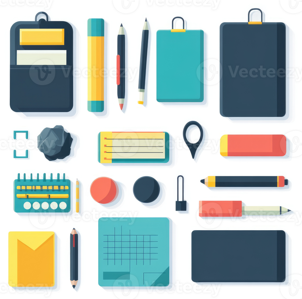 A collection of various stationery items for office or creative use. png