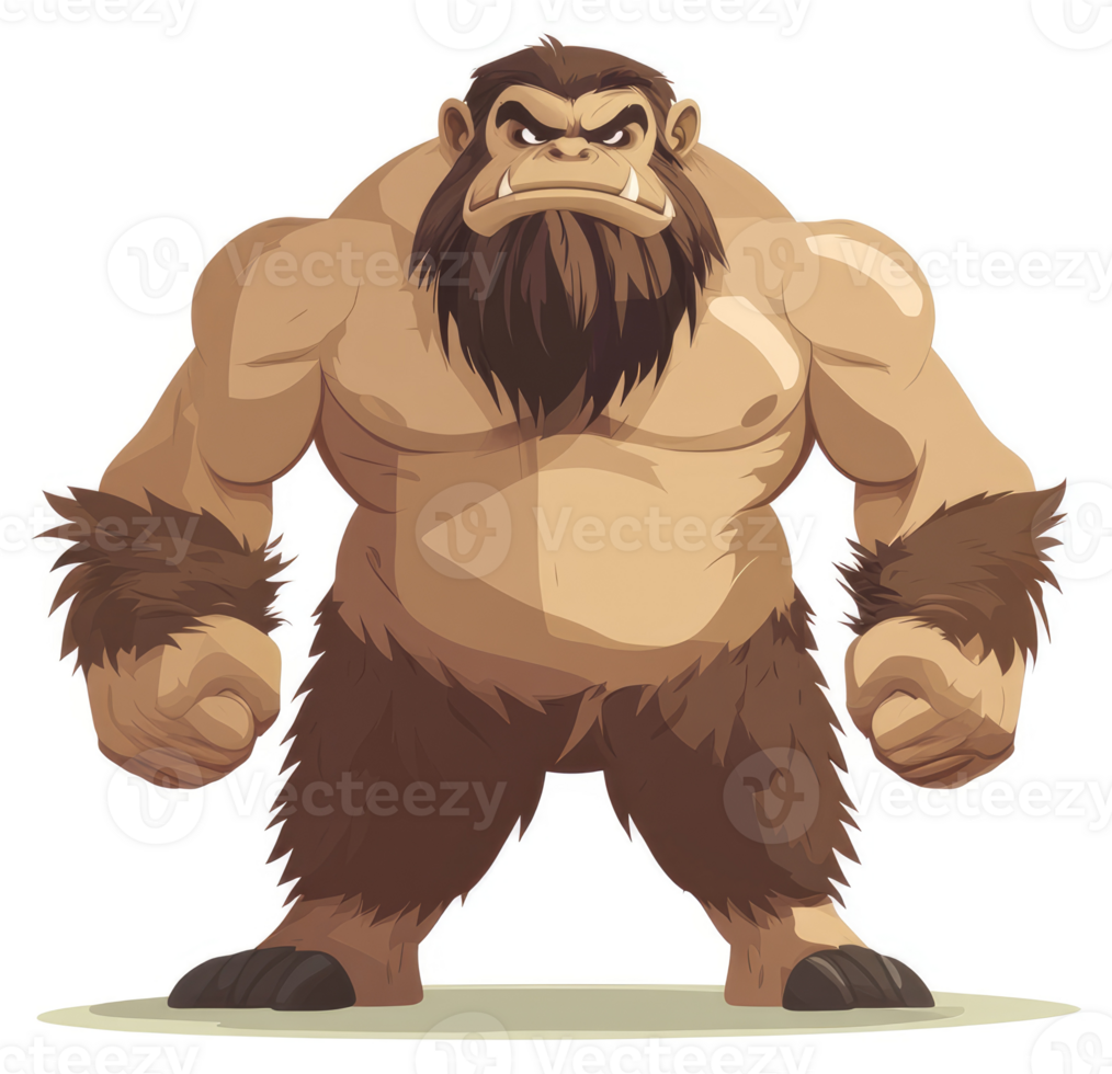 A formidable creature with a hairy physique, a powerful stance, and a menacing gaze. png