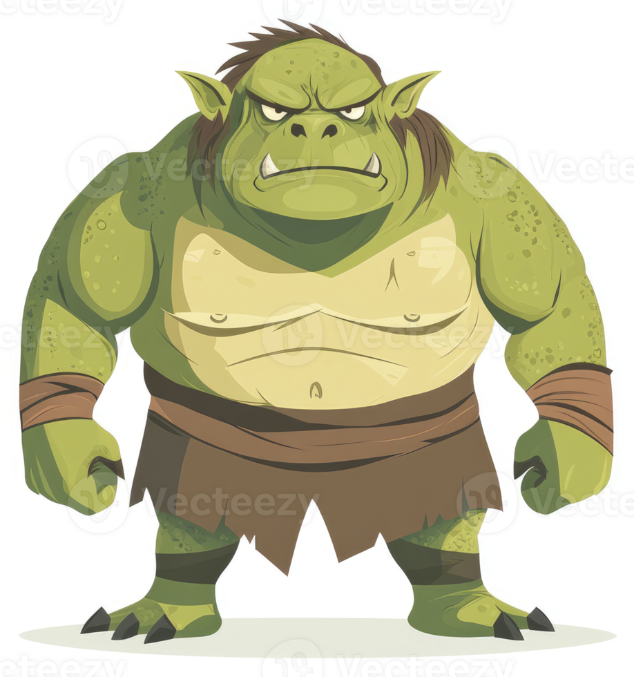A fierce cartoon depiction of a grumpy orc. png