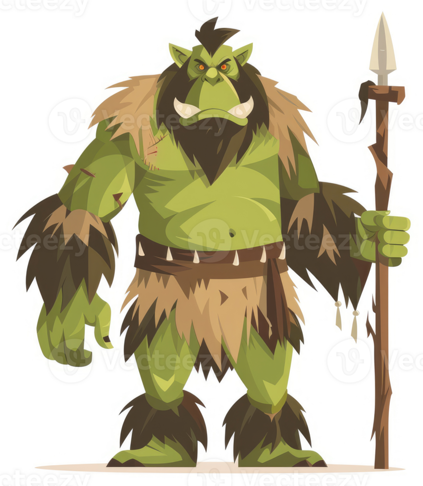 A fierce green ogre stands tall with a spear. png