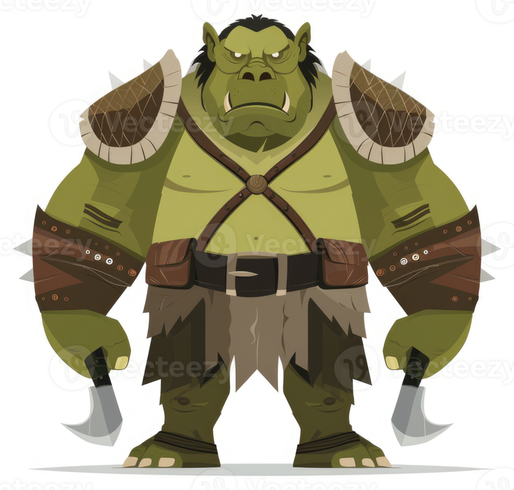 A fierce orc warrior with armor and weapons. png