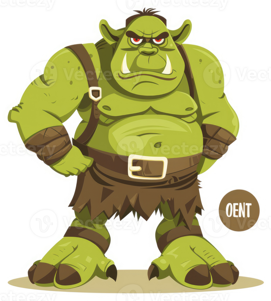 A grumpy green ogre stands tall, ready for battle. png