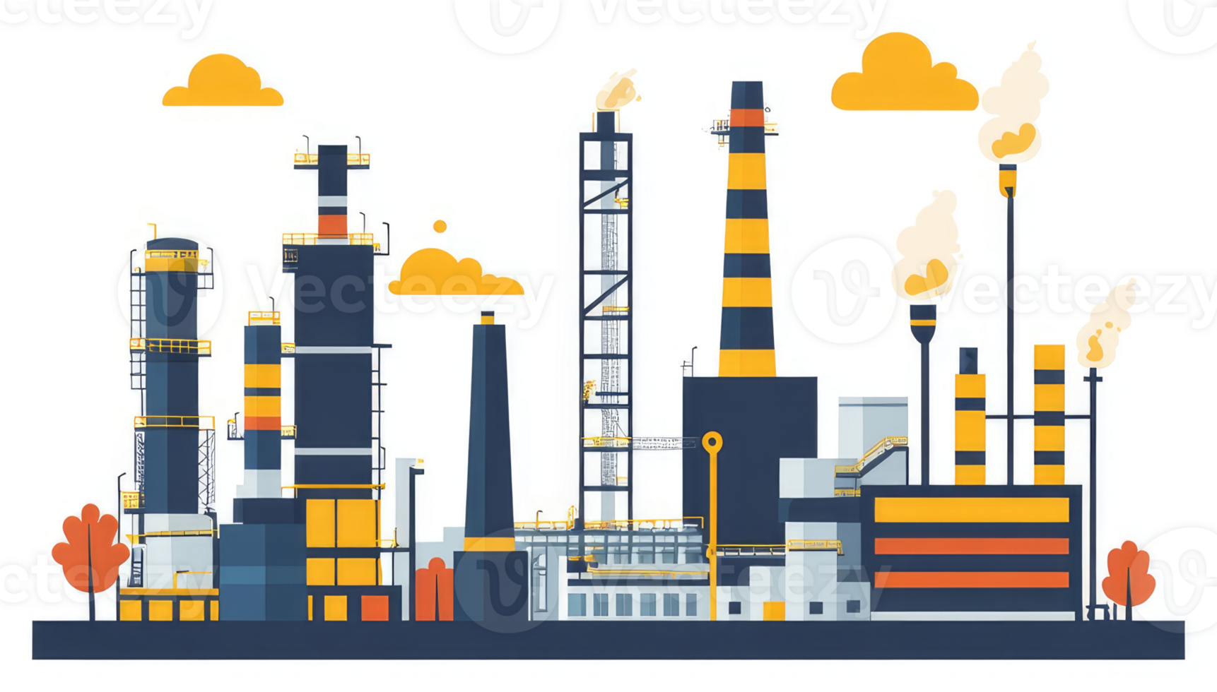 Industrial complex with multiple processing structures and emission stacks. png