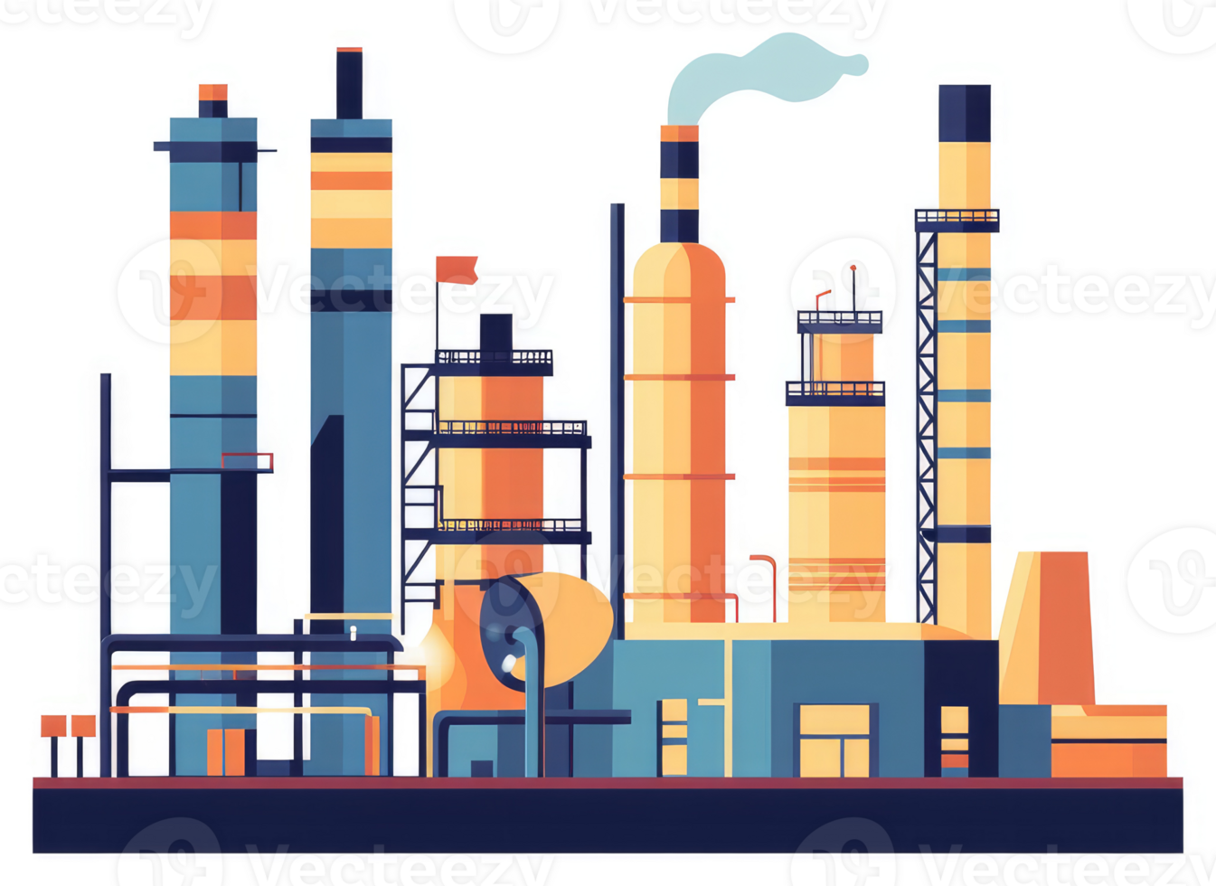 A colorful illustration of a large industrial oil refinery complex. png
